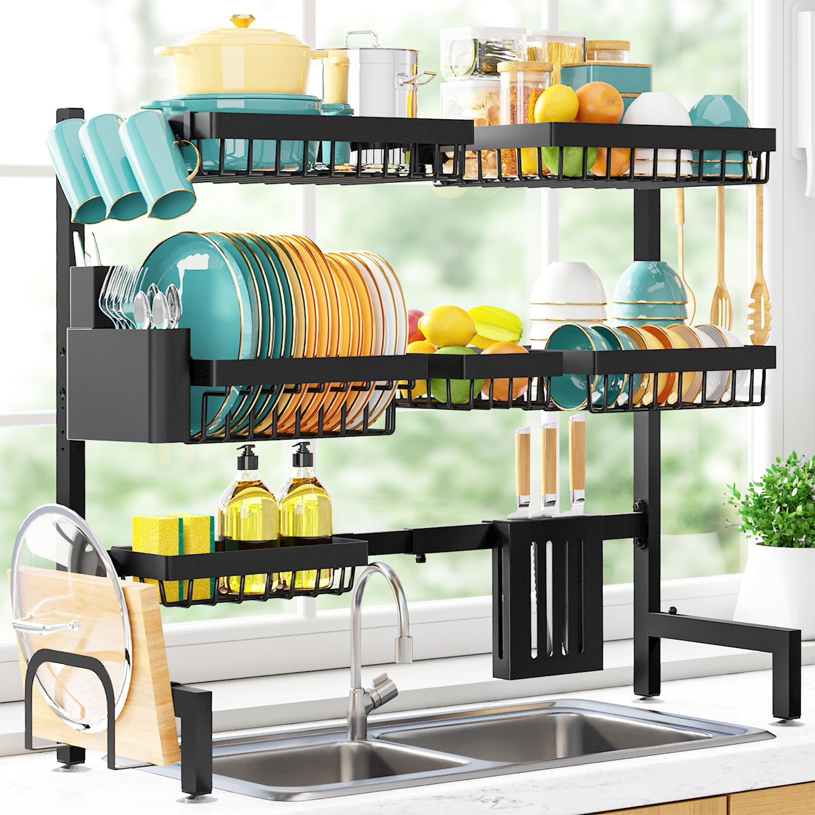 Escurridor De Platos Ajustable Sakugi De 3 Niveles, Negro, 80-100 Cm