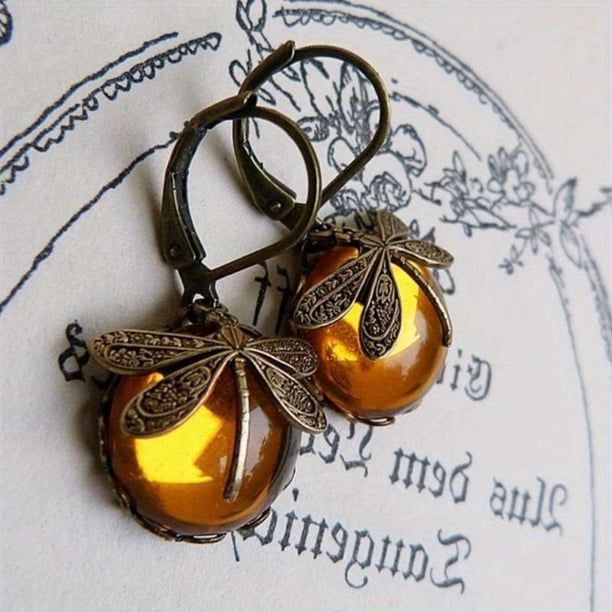 2pcs/pair Vintage Dragonfly Earrings with Moonstone and Brass Glass Cabochon - Perfect Gift for Women and Men