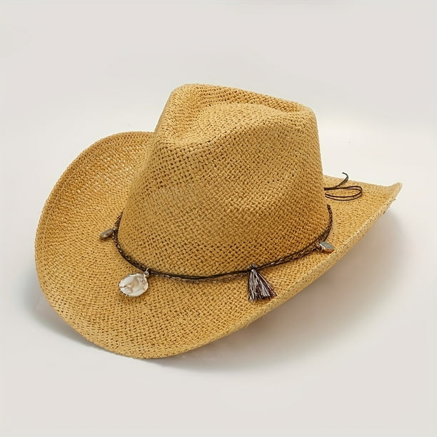 Boho Western Cowboy Straw Hat - Hand Woven Faux Jade Chain Decor Hat for Women, Men, and Unisex - Perfect for Summer Beach and Casual Wear