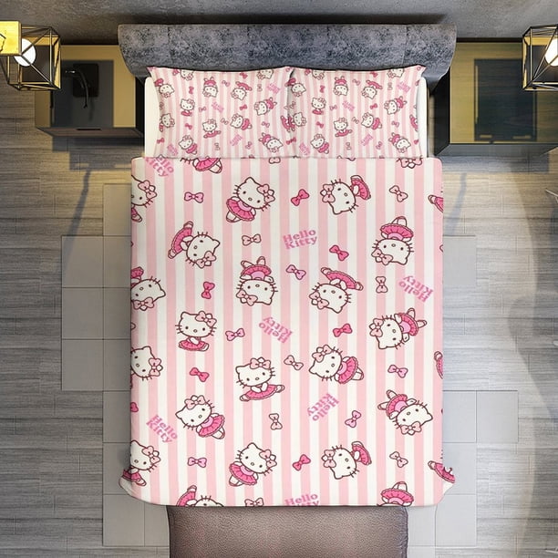 Cartoon Hello Kitty Stripes 3 Pieces Duvet Cover Set Full Size Super Soft Fade Resistant Microfiber