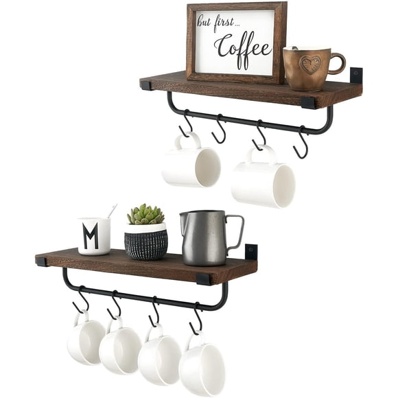 Mkono Coffee Bar Shelves, Wall-Mounted Rustic Mug Rack with Hooks