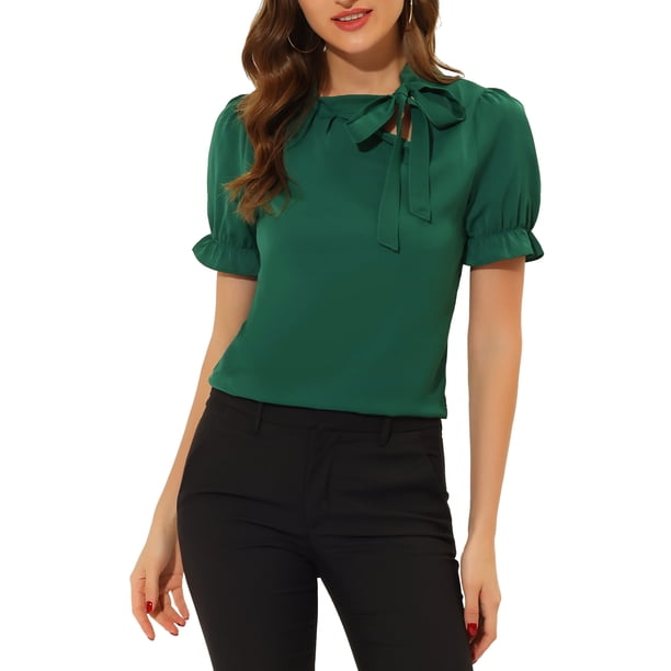 INSPIRE CHIC Blusas de Mujer de Color Sólido con Lazo en el Cuello, Mangas Cortas, para Regreso a Clases y Trabajo, Verde Oscuro M