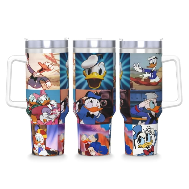 Presenta: Pato Donald Vaso aislado de acero inoxidable con asa, diseño temático, regalo para familia, amigos y fans; incluye pajita y encaja en el portavasos estándar, 40 oz