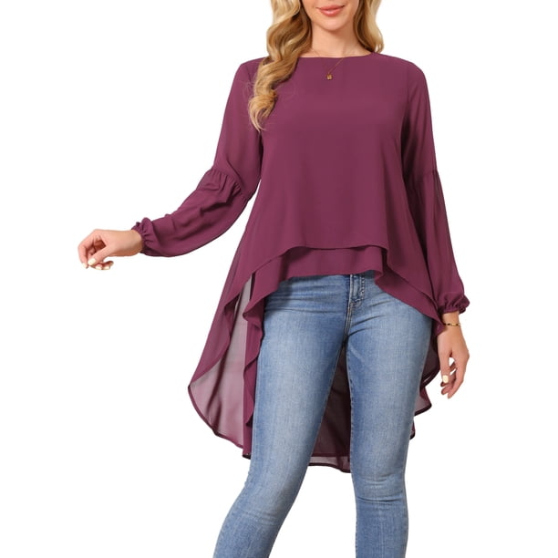 INSPIRE CHIC Blusas asimétricas de gasa casuales elegantes para mujer con mangas largas de linterna y cuello redondo M Rojo Púrpura