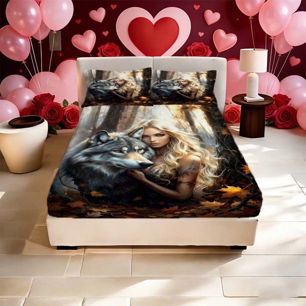 Women And Wolf Print Fitted Sheet Bedding a Must-Have for Family Guest Rooms Deep Pockets for a Secure Fit That Won'T Shift The Perfect Gift for Easter Mother'S