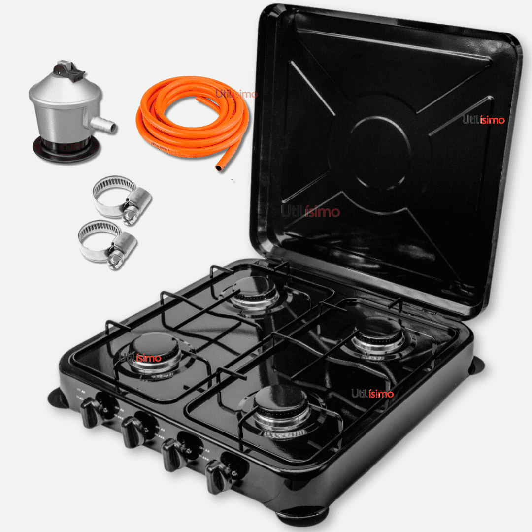 Line - Cocina Encimera A Gas Licuado 4 Platos + Kit De Instalación Cocinilla Negro