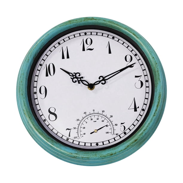 Reloj redondo de 12 pulgadas, decorativo, silencioso, con pantalla de temperatura, fácil de leer, resistente al agua, para patio, almacén, cocina,