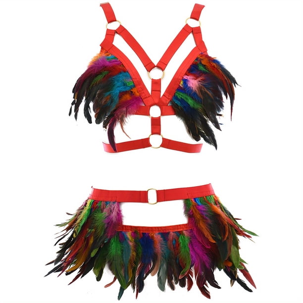 Sultry Feather Body Harness Belt - Hollow Out Cage Bra & Waist Bondage Harness Strap for Women - Sexy Lingerie & Underwear Accessories