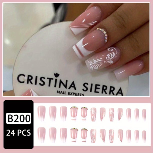 24pcs Glossy Pink French Tip Press On Nails with Rhinestones - Short Square Fake Nails for Women and Girls - Includes Glue Sticker and Nails File
