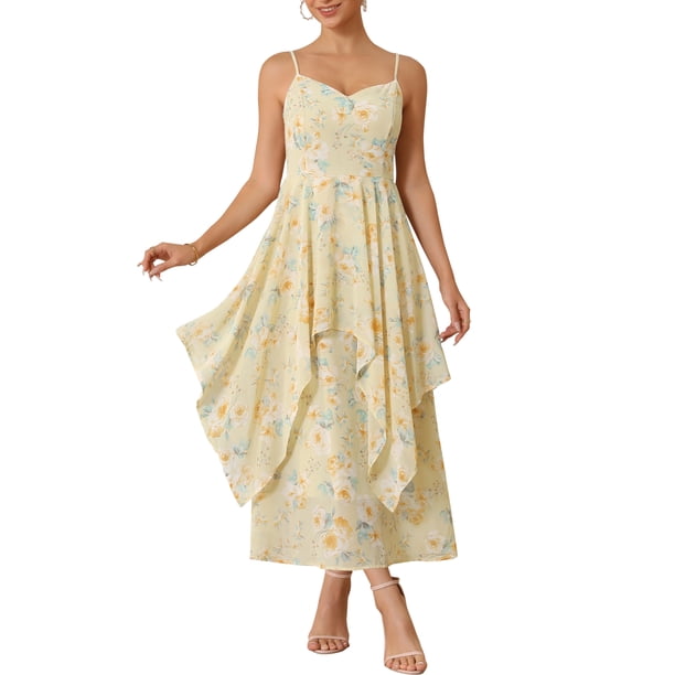 INSPIRE CHIC Vestido Floral de Mujer Chifón de Verano con Volantes en Capas y Tirantes Finos XL Amarillo Claro