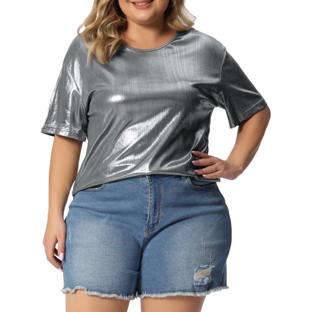 Agnes Orinda Disfraces de Halloween para Mujeres Tallas Grandes Tops de Escuela Universitaria Metálicos Holográficos de Manga Corta Blusas de Fiesta de Concierto 4X Plata