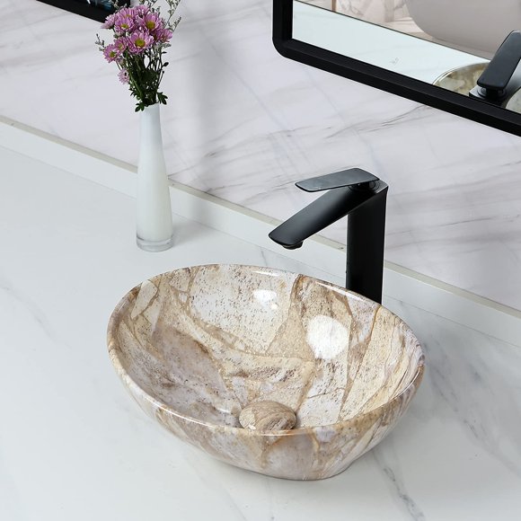 Lavabo tipo cuenca Davivy ovalado de 41 cm x 33 cm con marmoleado y drenaje emergente