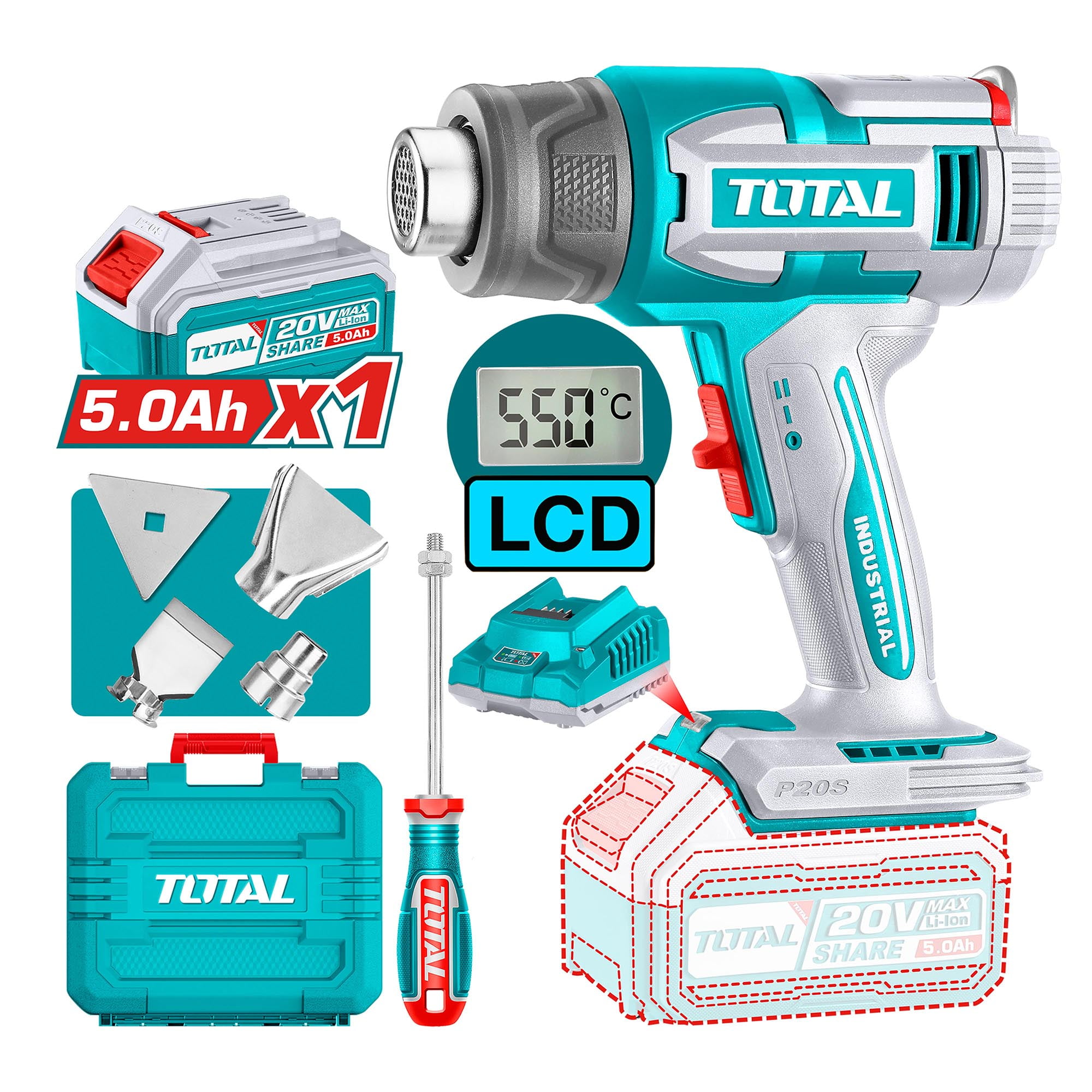 Pistola De Calor Inalambrica Digital 20v, Batería Y Cargador Total