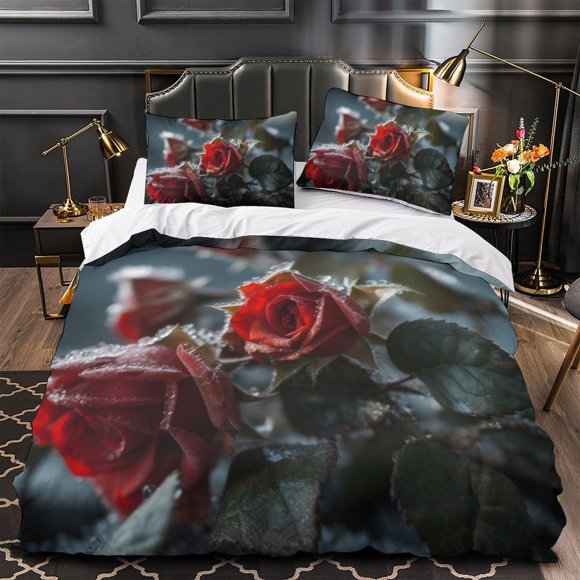 Green Leaf Rose Duvet Cover Bedding Set Pillowcase 3-Piece Bedding Set