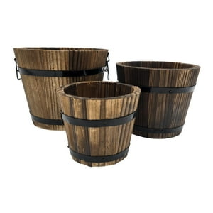 Fliperex - Set 3 Maceteros De Madera Tipo Barril Para Jardín Terrazas Cafe