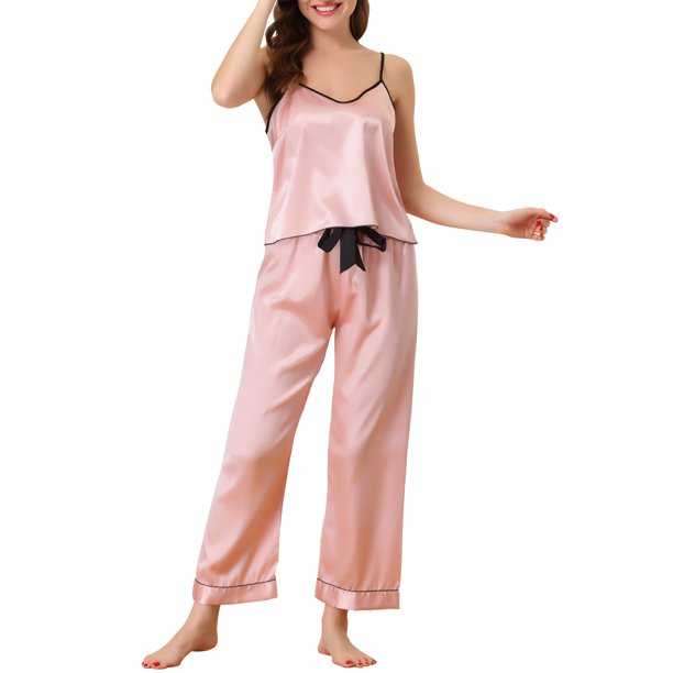 INSPIRE CHIC Conjuntos de pijama de satén para mujer de regreso a clases, top de cami, pantalones palazzo con antifaz para dormir, 3 piezas de ropa de dormir sedosa, L Rosa