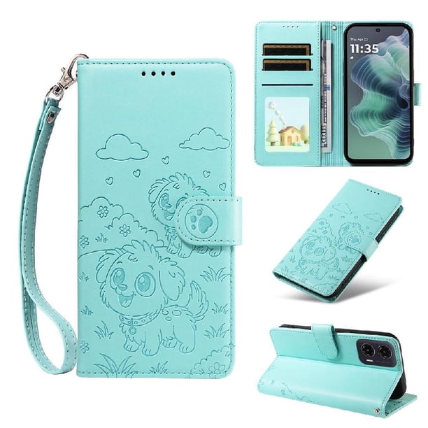 Funda Cartera para Motorola Moto G35 5G Perro Cachorro Grabado con Tarjetas Soporte Correa Verde