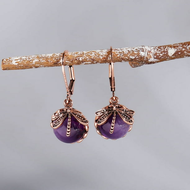 Vintage Dragonfly Earrings with Inky Blue Moonstone and Brass Glass Cabochon - Perfect Vintage Victorian Gift for Women