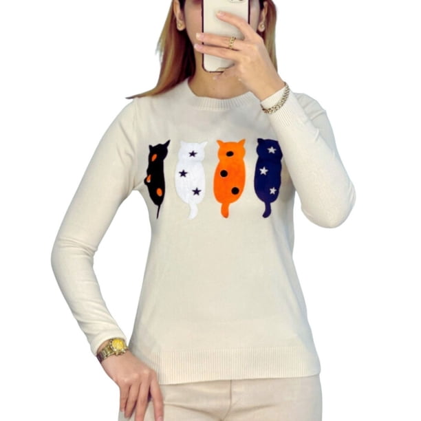 Sweater Mujer Algodón Otoño Invierno Tejido Suave Diseño Gatito 536