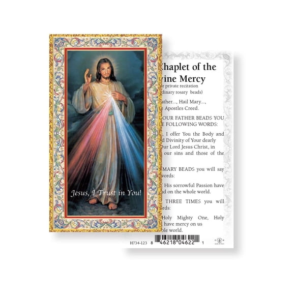 Paquete de 100 tarjetas religiosas doradas del Rosario de la Divina Misericordia