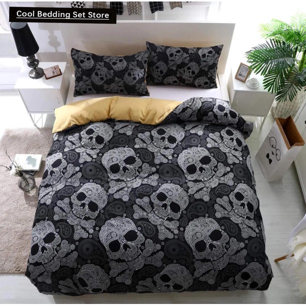 Skull Duvet Cover Set Black and White Floral Skull Skeleton Bedding Set Microfiber Twin/Full//King Size Quilt Cover 3 Piece Bed Sheets