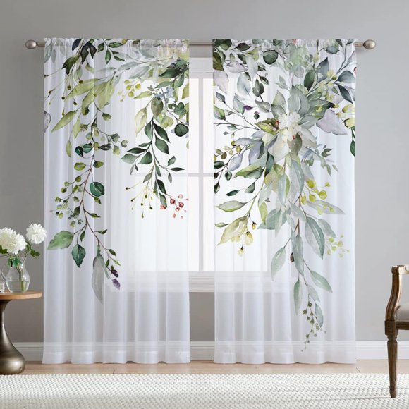 Cortinas Fereyis con hojas de eucalipto verdes, 160 x 160 cm, 2 paneles