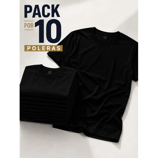 Pack 10 Poleras Basicas 100% Algodon Cuello Redondo 200g Negro M Lisa