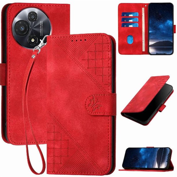 Funda Flip Premium Fibra de Carbono para TCL 60R con Soporte y Cierre Rojo