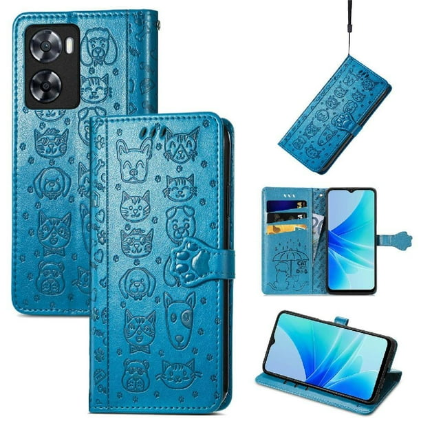 Funda Cartera FOXDOCK para OPPO A57 4G , Flip PU con Relieve de Gatos y Perros, Tarjetero y Soporte
