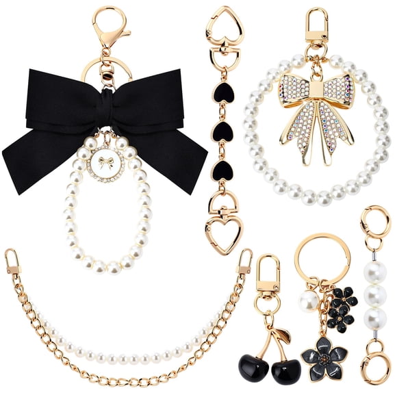 Set de 7 piezas Sylixonae: Llavero y cadena para bolso con perlas y lazo de cinta