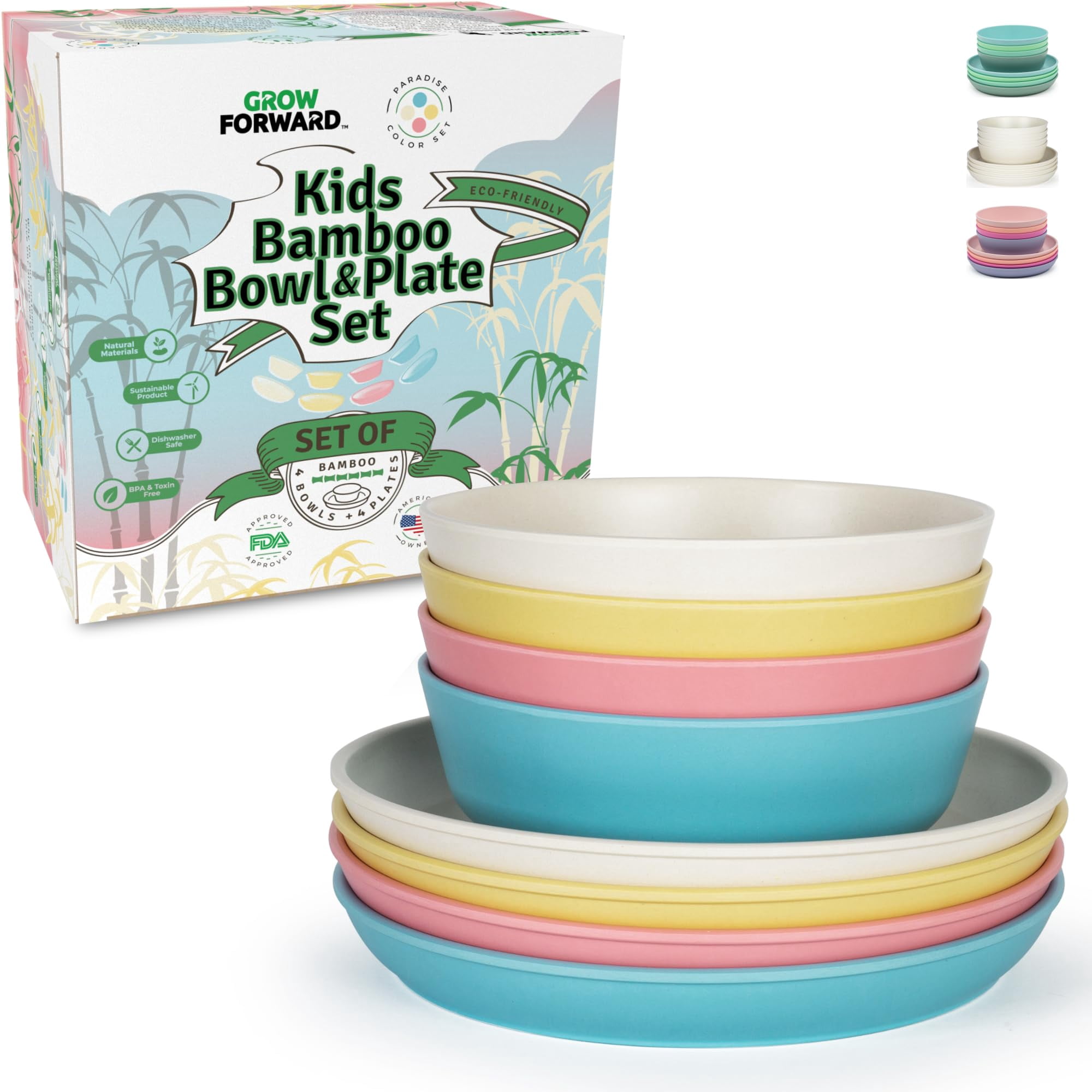 Grow Forward - Juego De Platos Y Cuencos De Bambú Para Niños De 8 Piezas, Aptos Para Lavavajillas