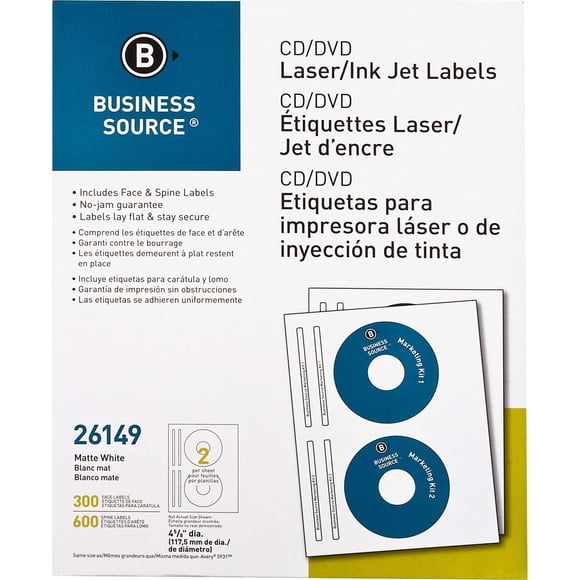Etiquetas para CD y DVD Business Source para Láser e Inyección de Tinta, Paquete de 900