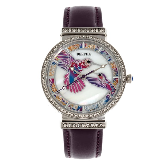 Reloj Bertha Emily - Brazalete de piel de madreperla, color plateado y morado