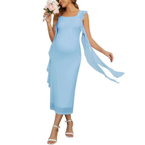 INSPIRE CHIC Vestido Maxi de Maternidad para Mujer sin Mangas con Volantes de Malla Cuello Cuadrado Invitada de Boda Fiesta Talla XL Azul