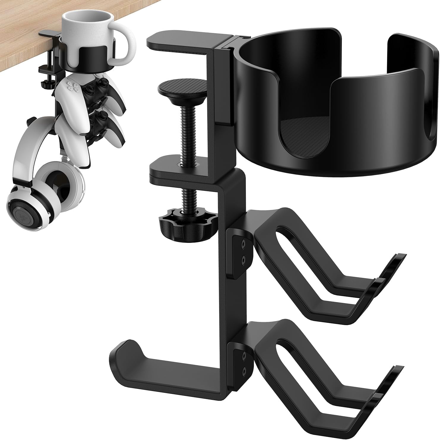Genérico - 4 En 1 Organizador De Escritorio Para Juegos Con Soporte Para Tazas, Colgador Para Auriculares Y Soporte Para Mandos Abrazadera Ajustable Y Giratoria Para Tazas De Café-negro