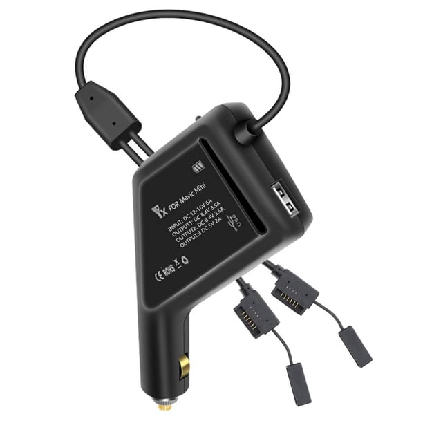 Cargador de Auto Hanatora para Batería DJI Mavic Mini (1ª generación), Salida Triple (2 x Batería + USB), Hub de Carga Rápida Múltiple para Drone