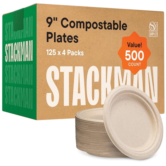 Platos de papel compostables Stack Man, 9 pulgadas, 500 unidades