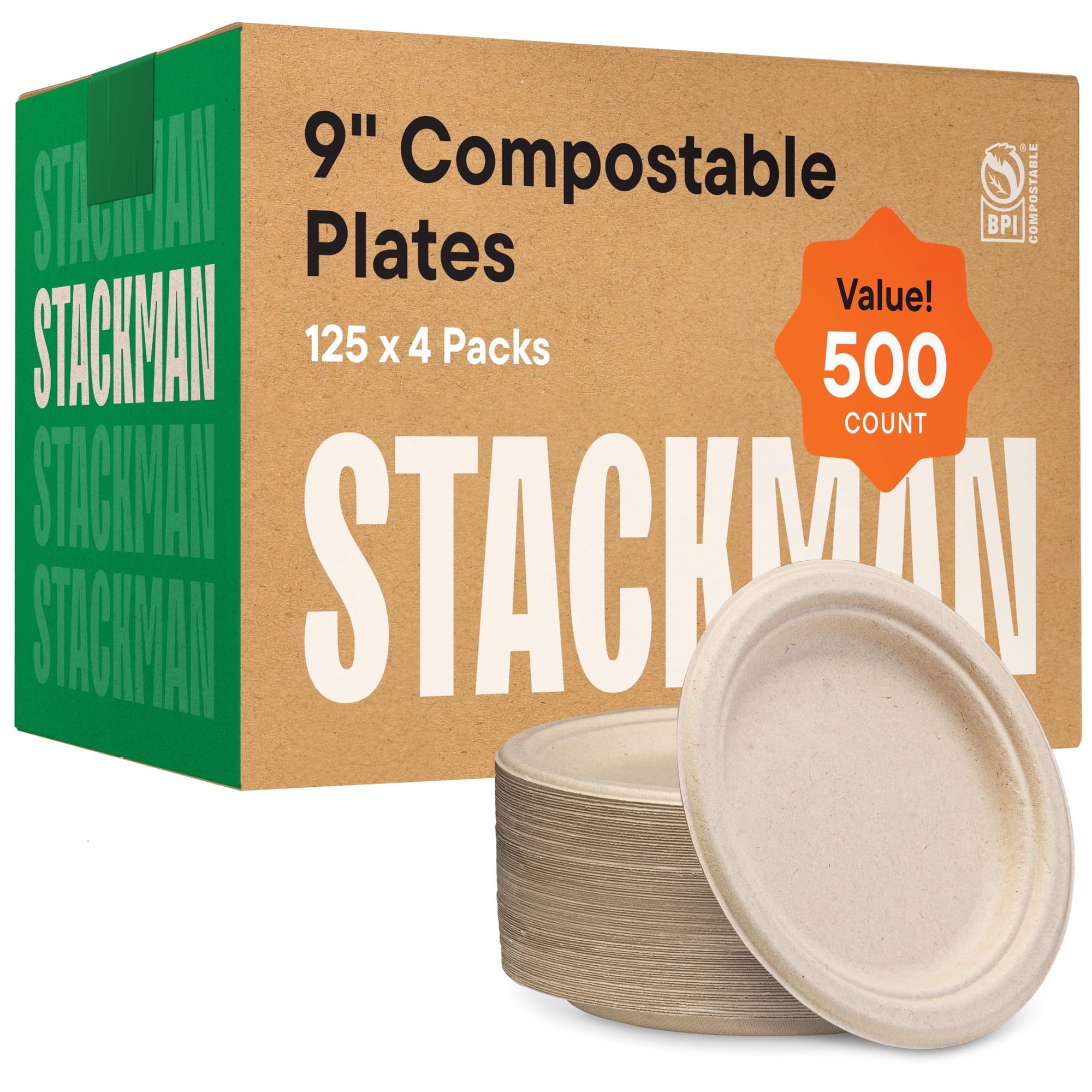 Platos de papel compostables Stack Man, 9 pulgadas, 500 unidades | Lider