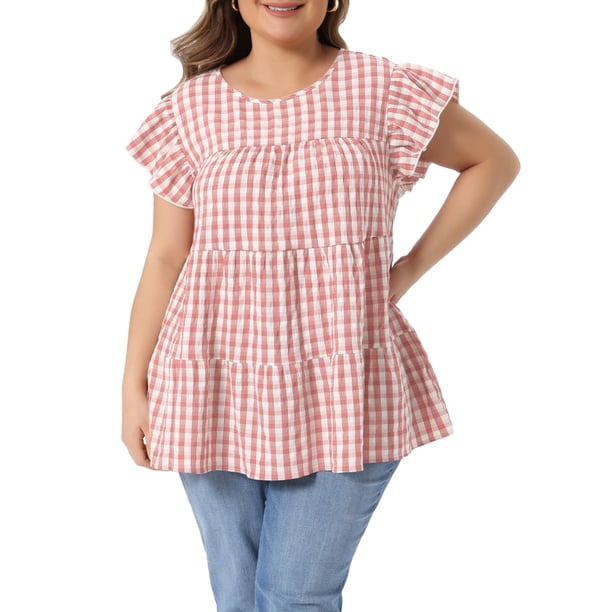 Agnes Orinda Blusa de Mujer Talla Grande Estilo Años 50 Cuello Redondo Mangas Cortas Acampanadas Blusa de Verano Babydoll Talla 2X Rosa