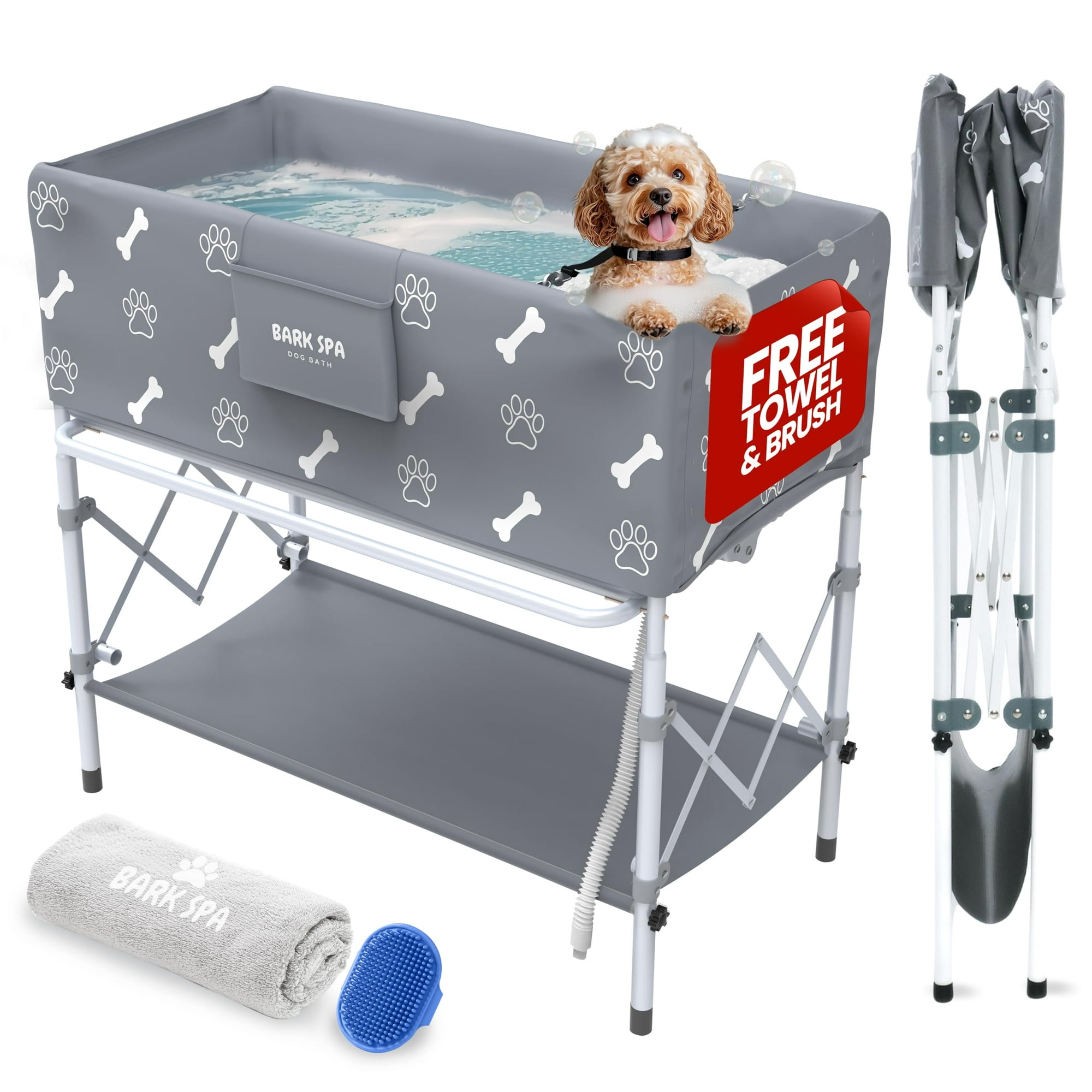 Bañera Para Perros Bark Spa Plegable Y Portátil Con Cepillo Y Toalla