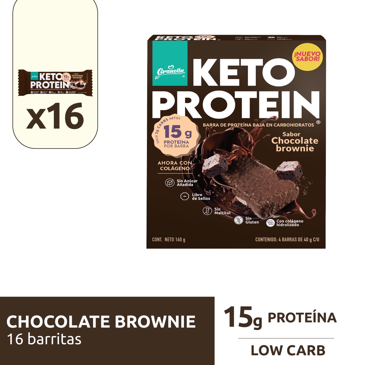 Granolín - Keto Protein Pack 16 Barritas Sabor Chocolate Brownie