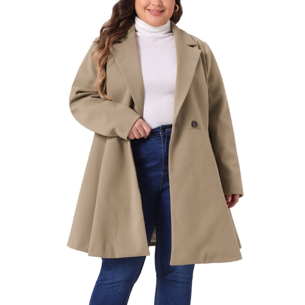 Abrigo de mujer talla grande Agnes Orinda con solapa entallada, doble botonadura, largo, con bolsillos 4X caqui