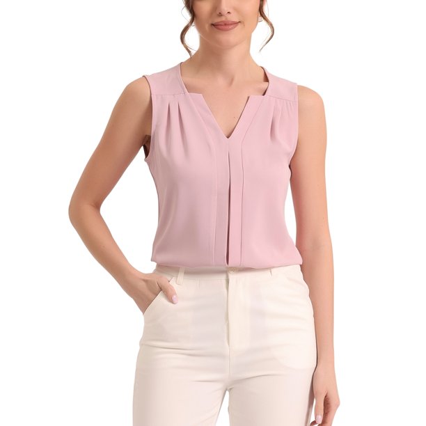 INSPIRE CHIC Blusa sin mangas de gasa con cuello en V para mujer de oficina S Rosa