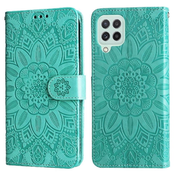 Funda tipo cartera FOXDOCK para Samsung Galaxy M22 4G , diseño girasol en relieve, cuero PU, cierre magnético, soporte y tarjetero