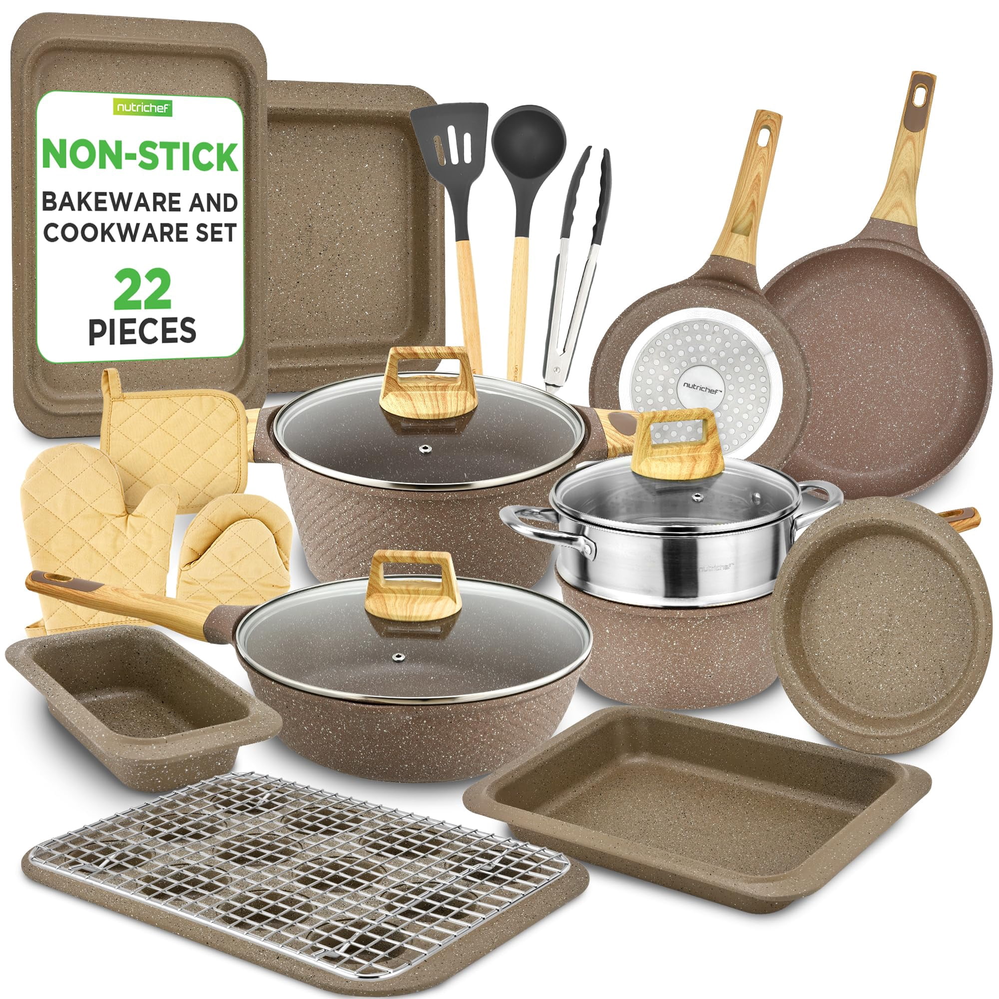 Juego De Utensilios De Cocina Nutrichef, 22 Piezas, Cerámica Antiadherente, Color Negro