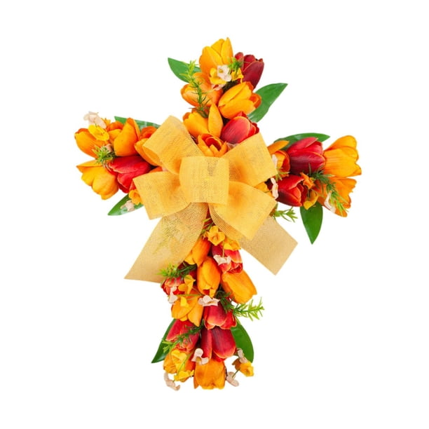 Artificial Tulip Flower Wreath Garland Hanger Paster Corona De Pascua Puerta Delantera Bozo Amarillo