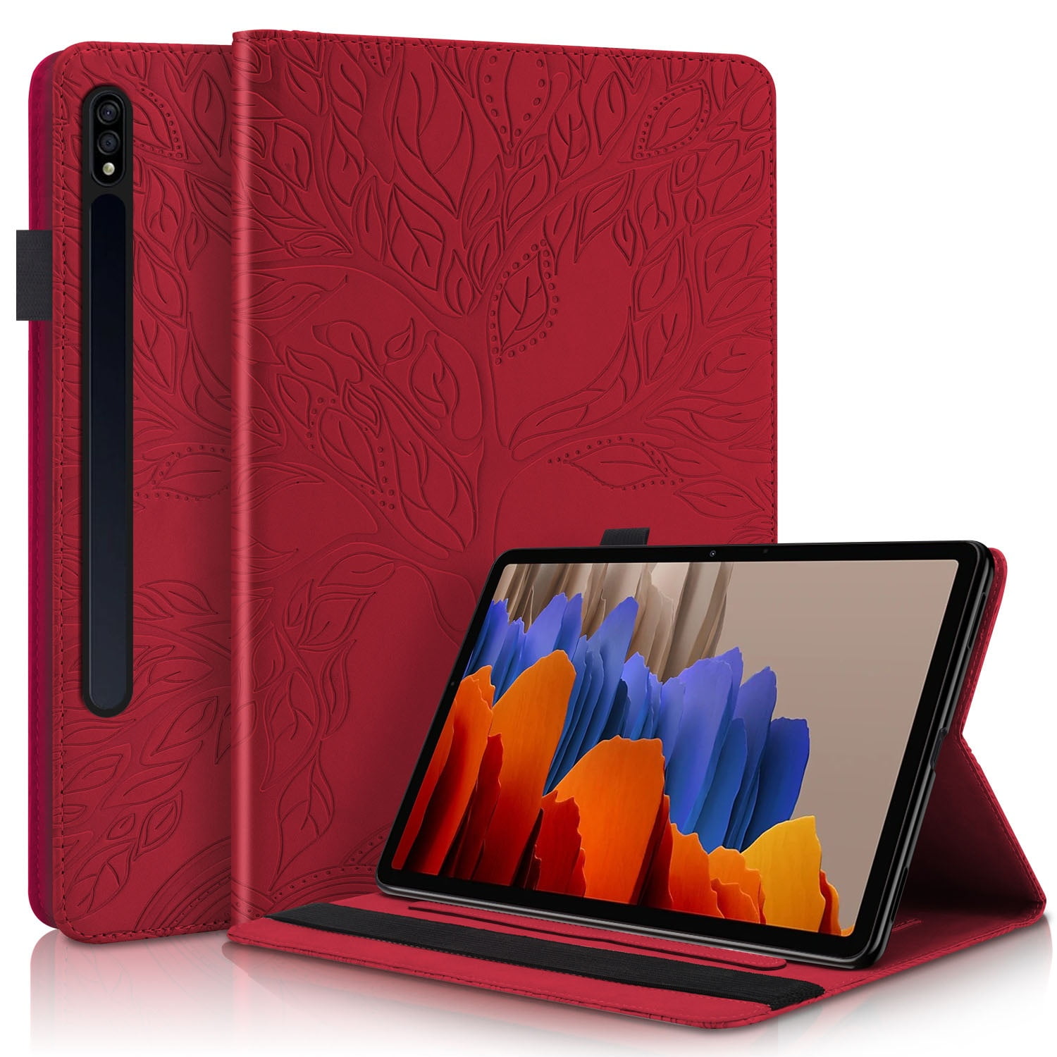 Foxdock - Funda Con Relieve Del Árbol De La Vida Para Tablet Samsung Galaxy Tab S7/8/9 Con Soporte, Ranuras Para Tarjetas Y Soporte Para Lápiz Óptico. Rojo