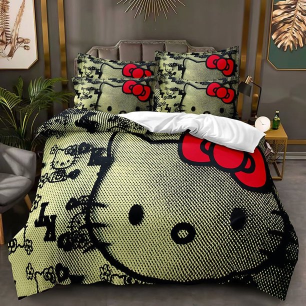 Hello_Kitty 3 Pcs Comforter Set with 2 Pillowcases,Halloween Christmas Hello_Kitty Bedding Set Sheet Set for Kids Adults,All Season Lightweight