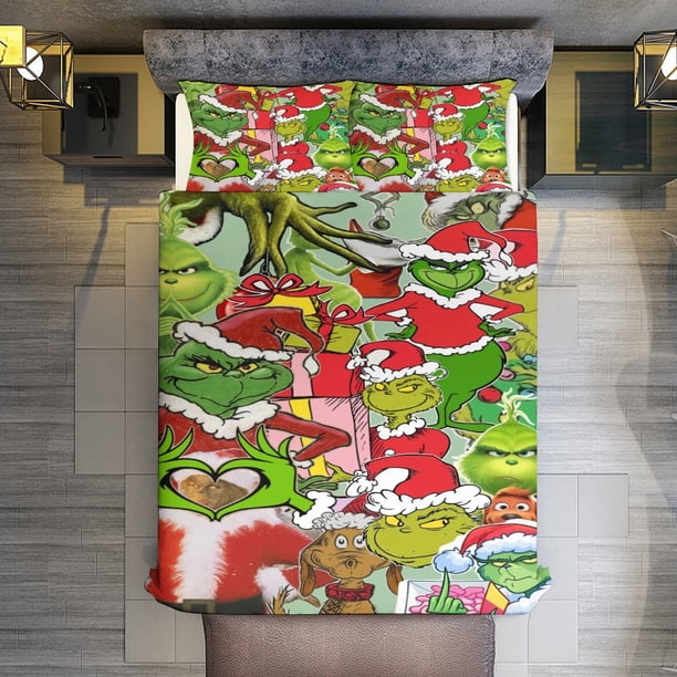 3 Piece Bedding SetChristmas GrinchComforter Set for Kids Boys Teen Tween 3D Lightweight Microfiber Bedding Sets