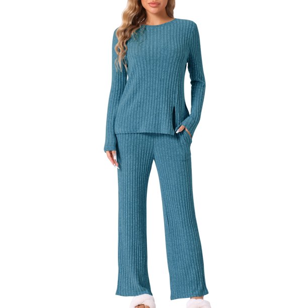 INSPIRE CHIC Conjunto de Pijamas para Mujer Cuello Redondo Manga Larga Ropa de Dormir Suave Pijamas Ropa de Casa con Bolsillo S Azul Pavo Real